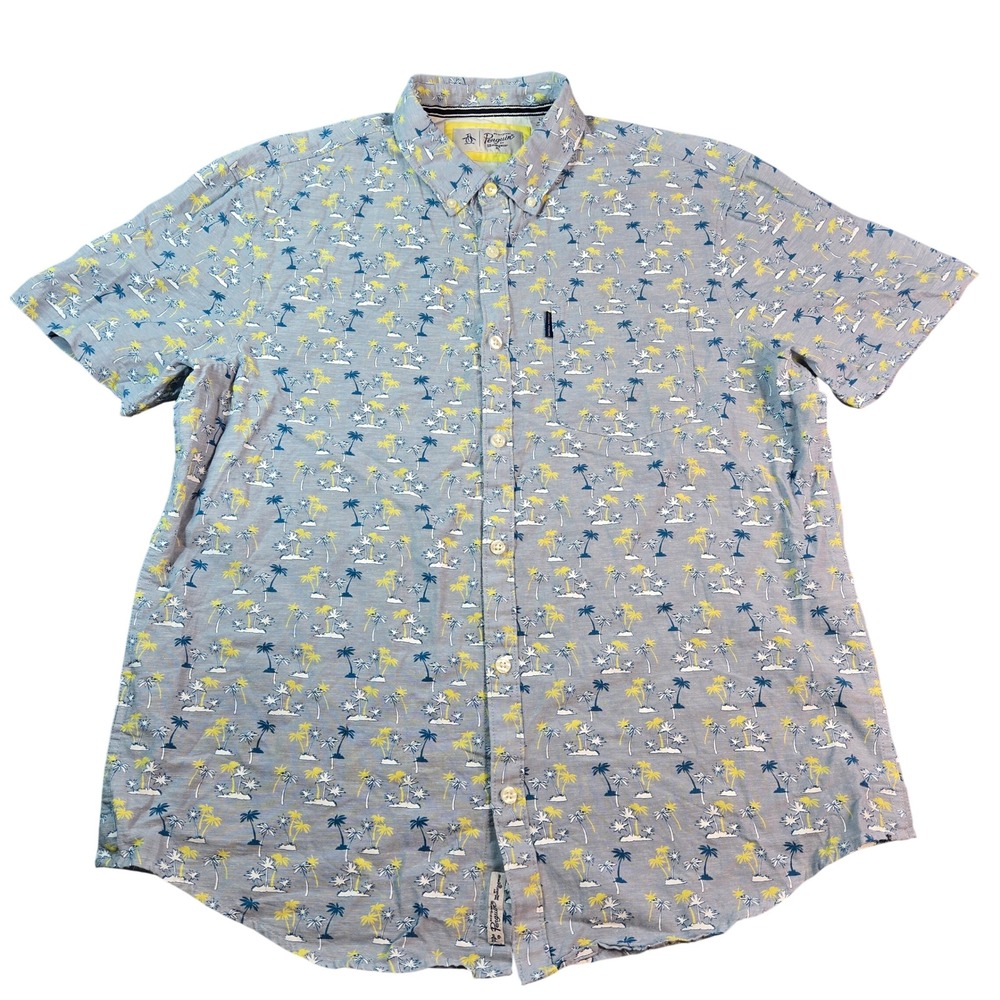 Original Penguin Men's Large Blue Palm Tree Print Cotton Linen Button Down Shirt